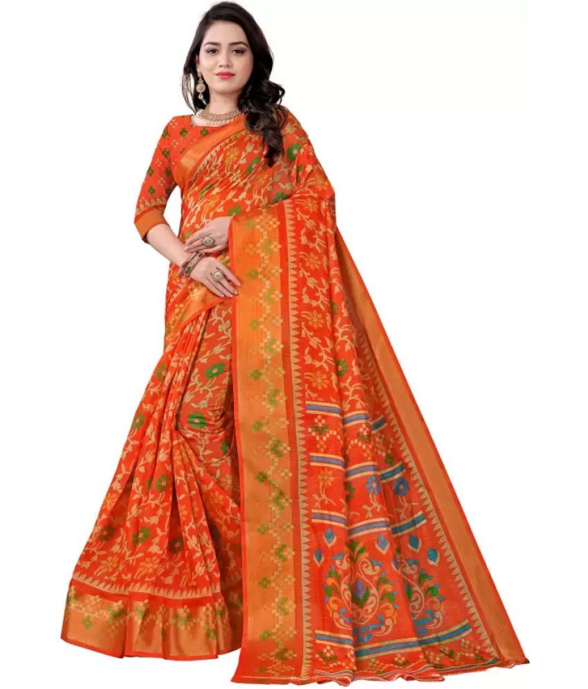     			Saadhvi Cotton Silk Printed Saree With Blouse Piece - Orange ( Pack of 1 )