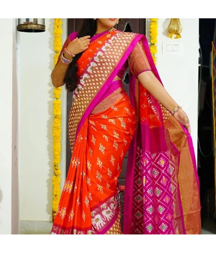     			Saadhvi Cotton Silk Printed Saree With Blouse Piece - Orange ( Pack of 1 )