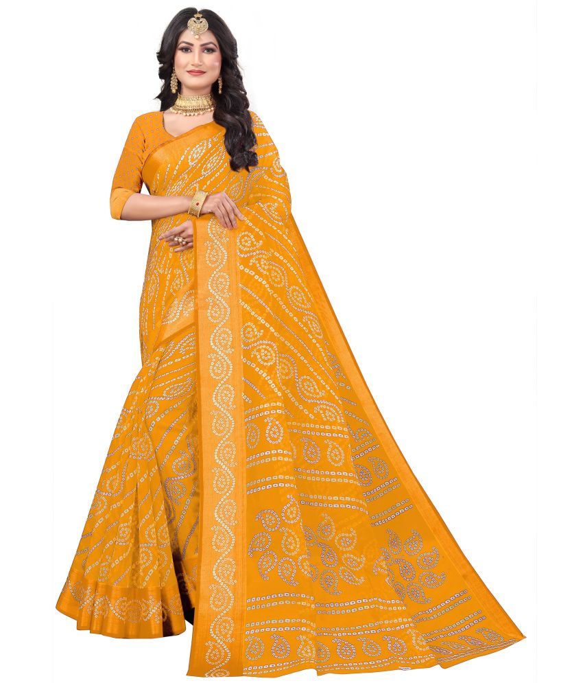     			Saadhvi Cotton Silk Printed Saree With Blouse Piece - Yellow ( Pack of 1 )