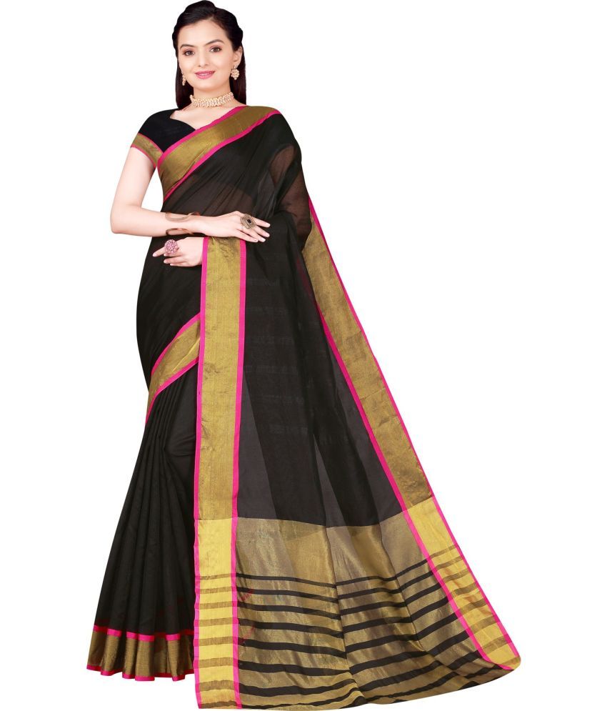     			Saadhvi Cotton Silk Self Design Saree Without Blouse Piece - Black ( Pack of 1 )