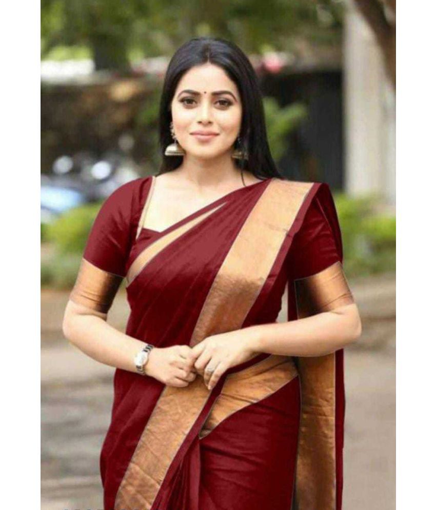     			Saadhvi Cotton Silk Solid Saree Without Blouse Piece - Maroon ( Pack of 1 )