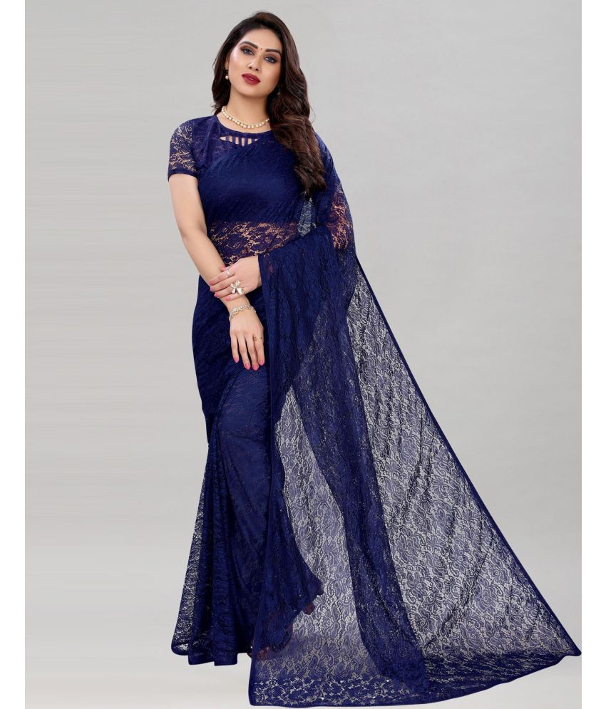     			Saadhvi Net Cut Outs Saree Without Blouse Piece - Navy Blue ( Pack of 1 )