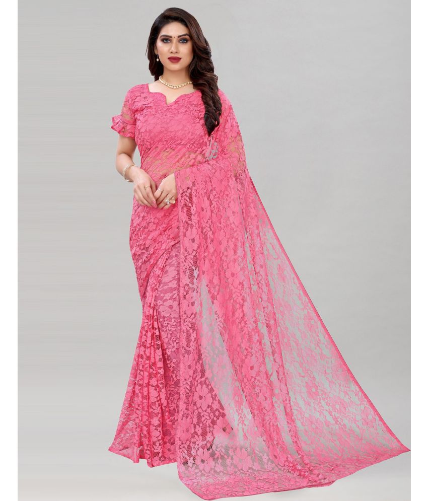     			Saadhvi Net Cut Outs Saree Without Blouse Piece - Pink ( Pack of 1 )