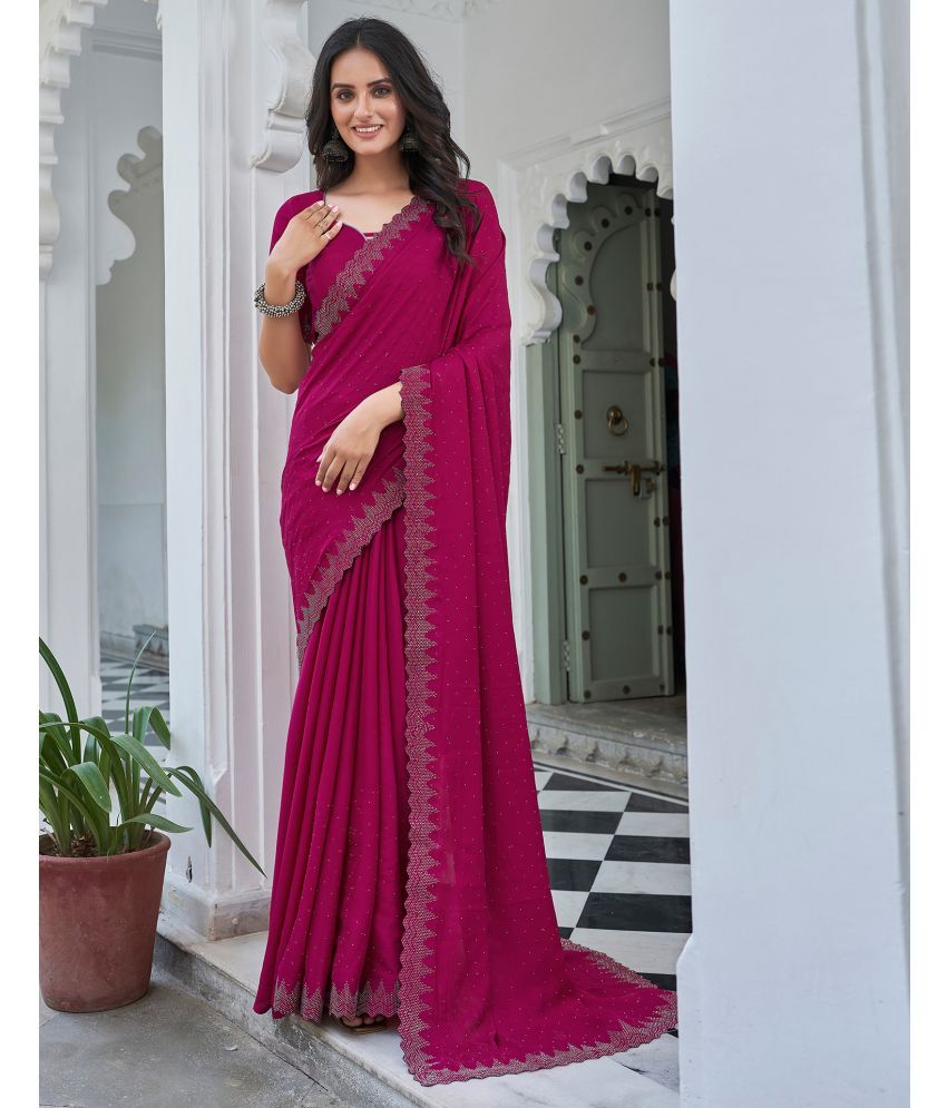     			Samah Satin Embellished Saree With Blouse Piece - Wine ( Pack of 1 )