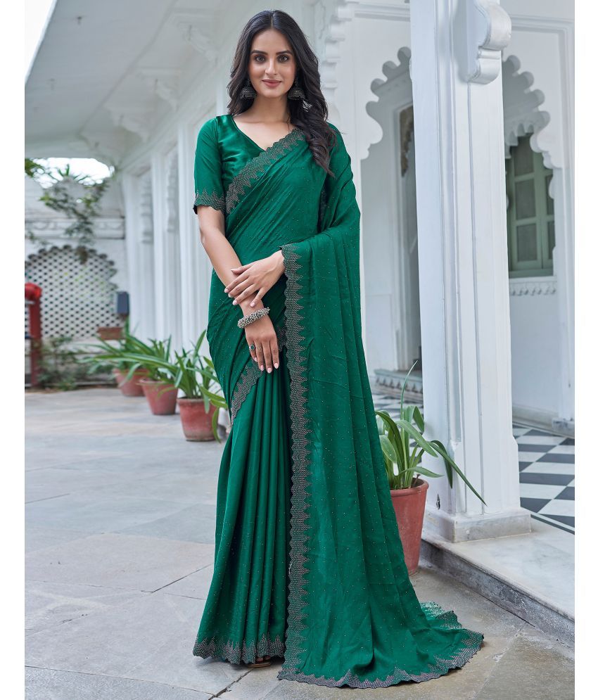     			Samah Satin Embellished Saree With Blouse Piece - Green ( Pack of 1 )