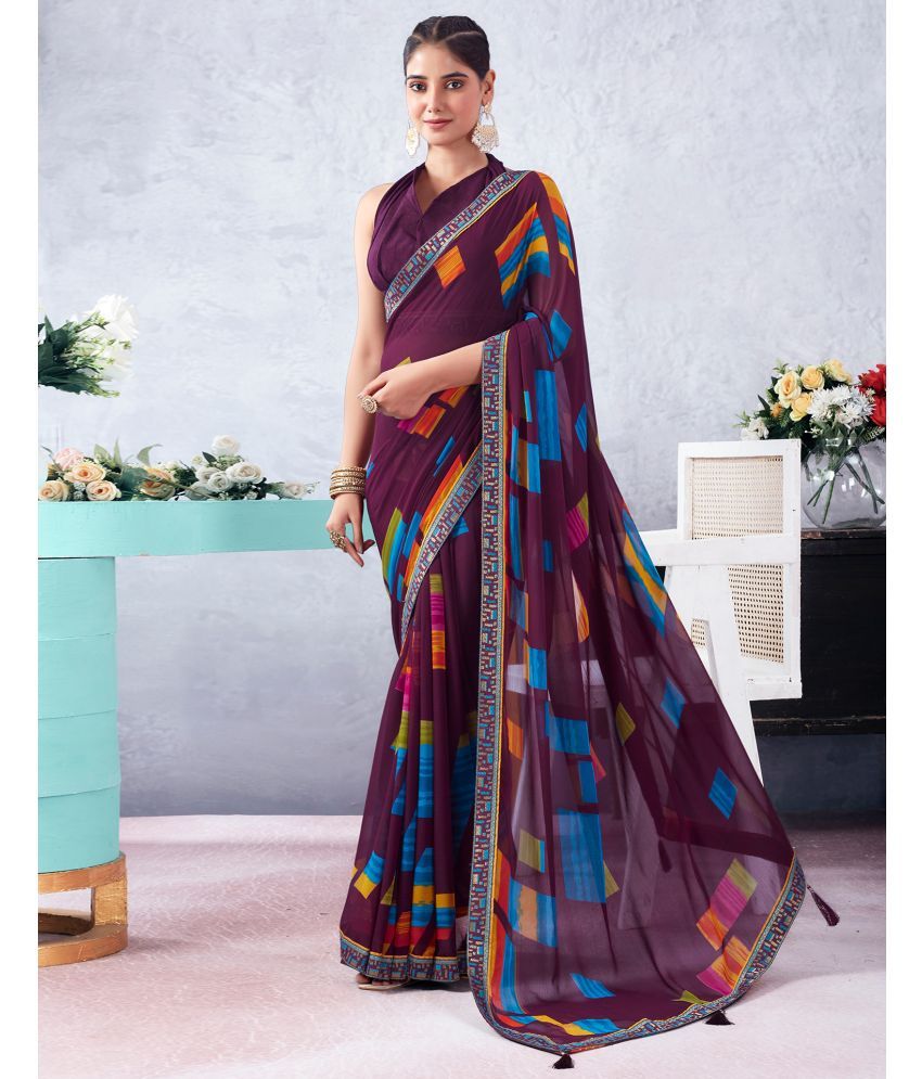     			Satrani Chiffon Printed Saree With Blouse Piece - Wine ( Pack of 1 )