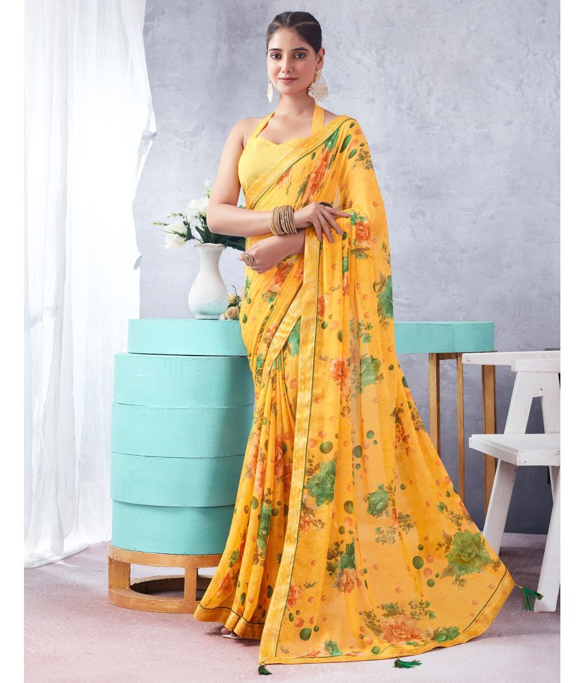     			Satrani Chiffon Printed Saree With Blouse Piece - Yellow ( Pack of 1 )