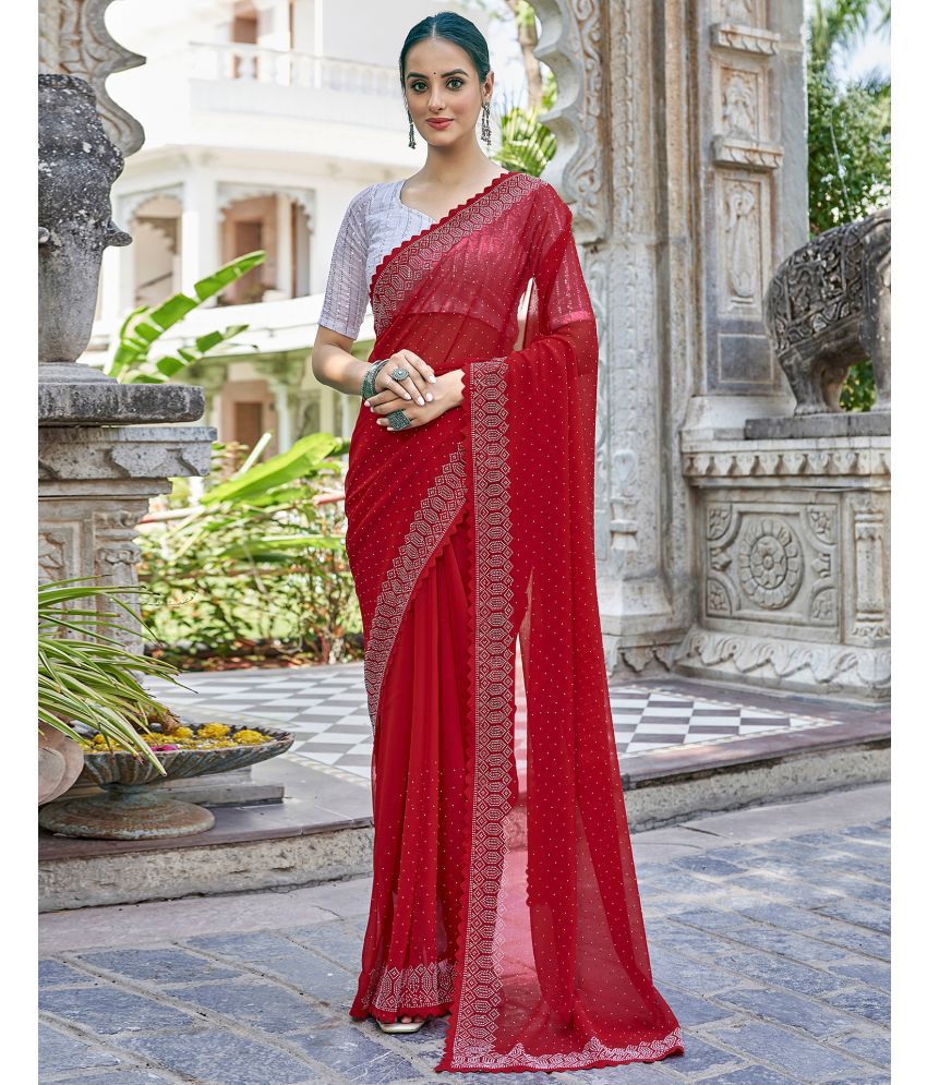     			Satrani Georgette Embellished Saree With Blouse Piece - Red ( Pack of 1 )