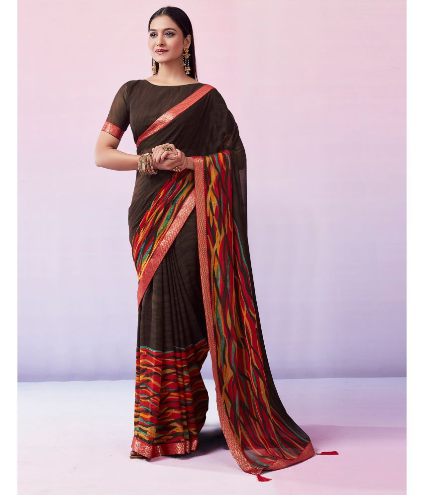     			Satrani Georgette Printed Saree With Blouse Piece - Brown ( Pack of 1 )