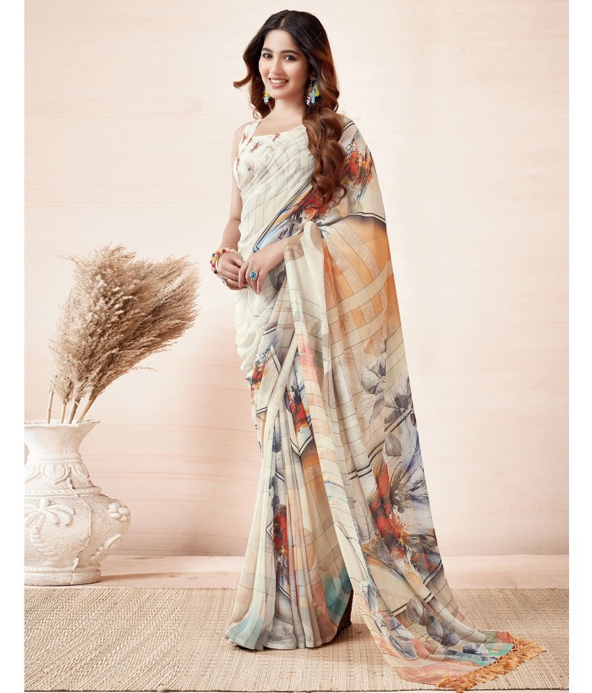     			Satrani Georgette Printed Saree With Blouse Piece - Cream ( Pack of 1 )