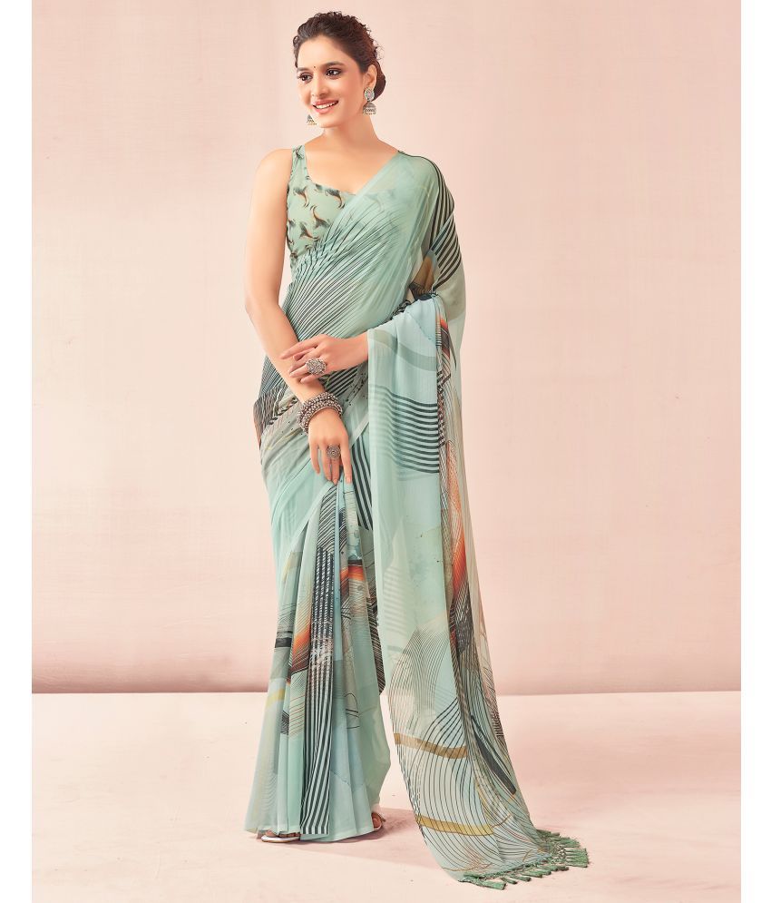     			Satrani Georgette Printed Saree With Blouse Piece - Green ( Pack of 1 )