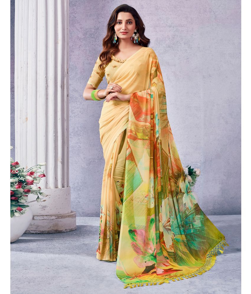     			Satrani Georgette Printed Saree With Blouse Piece - Yellow ( Pack of 1 )