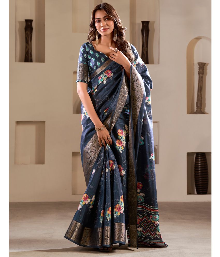     			Satrani Silk Printed Saree With Blouse Piece - Blue ( Pack of 1 )