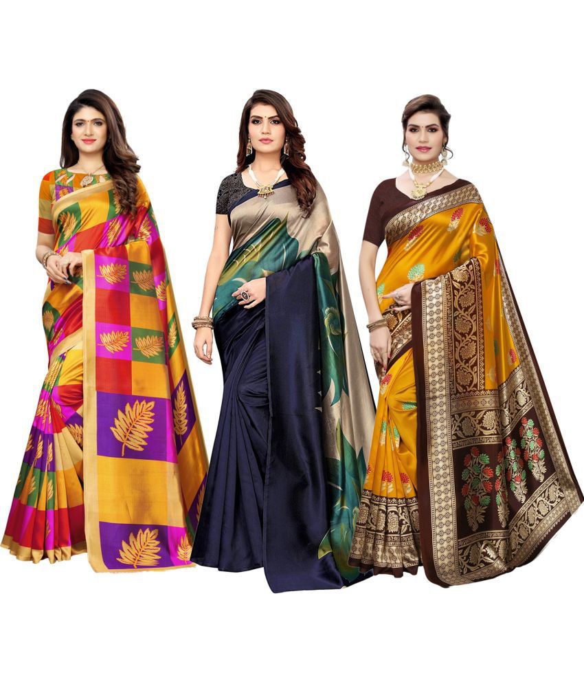     			Vkaran Cotton Silk Applique Saree Without Blouse Piece - Multicolor ( Pack of 3 )