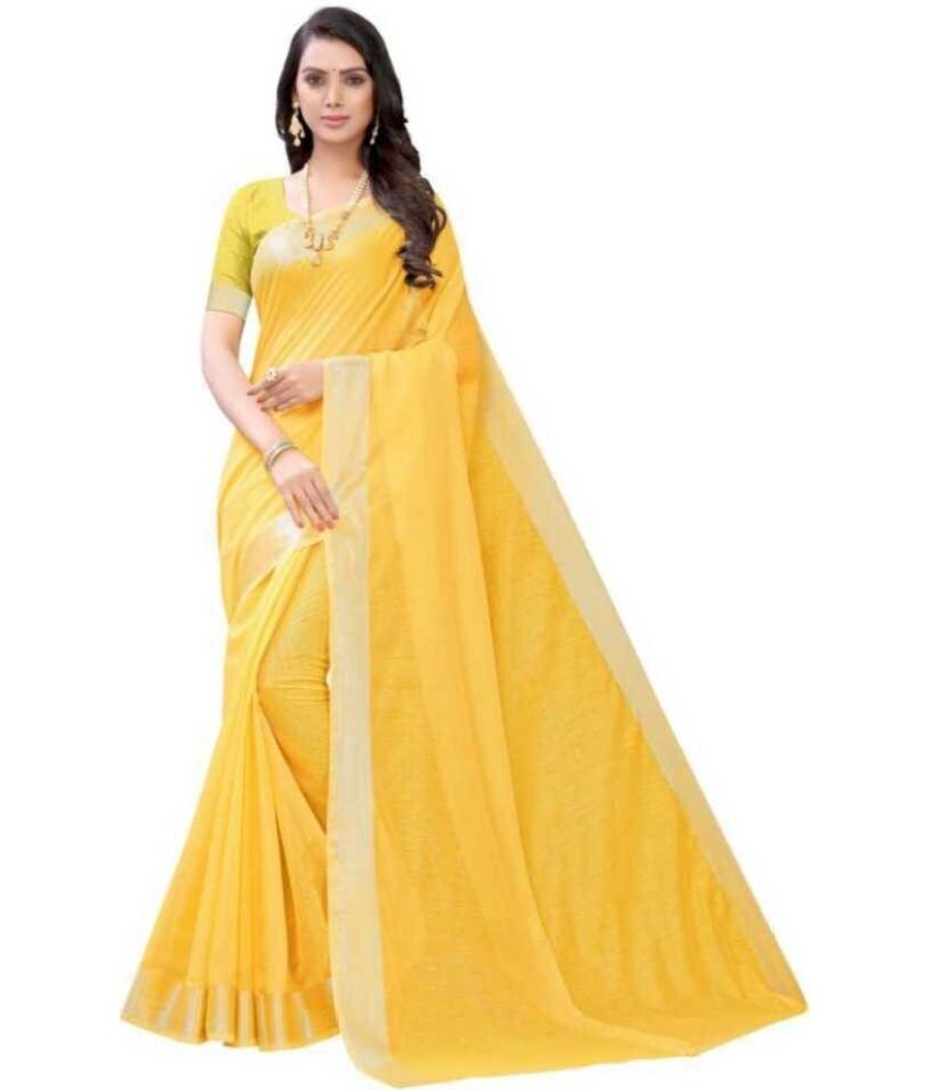     			Vkaran Net Cut Outs Saree With Blouse Piece - Yellow ( Pack of 1 )