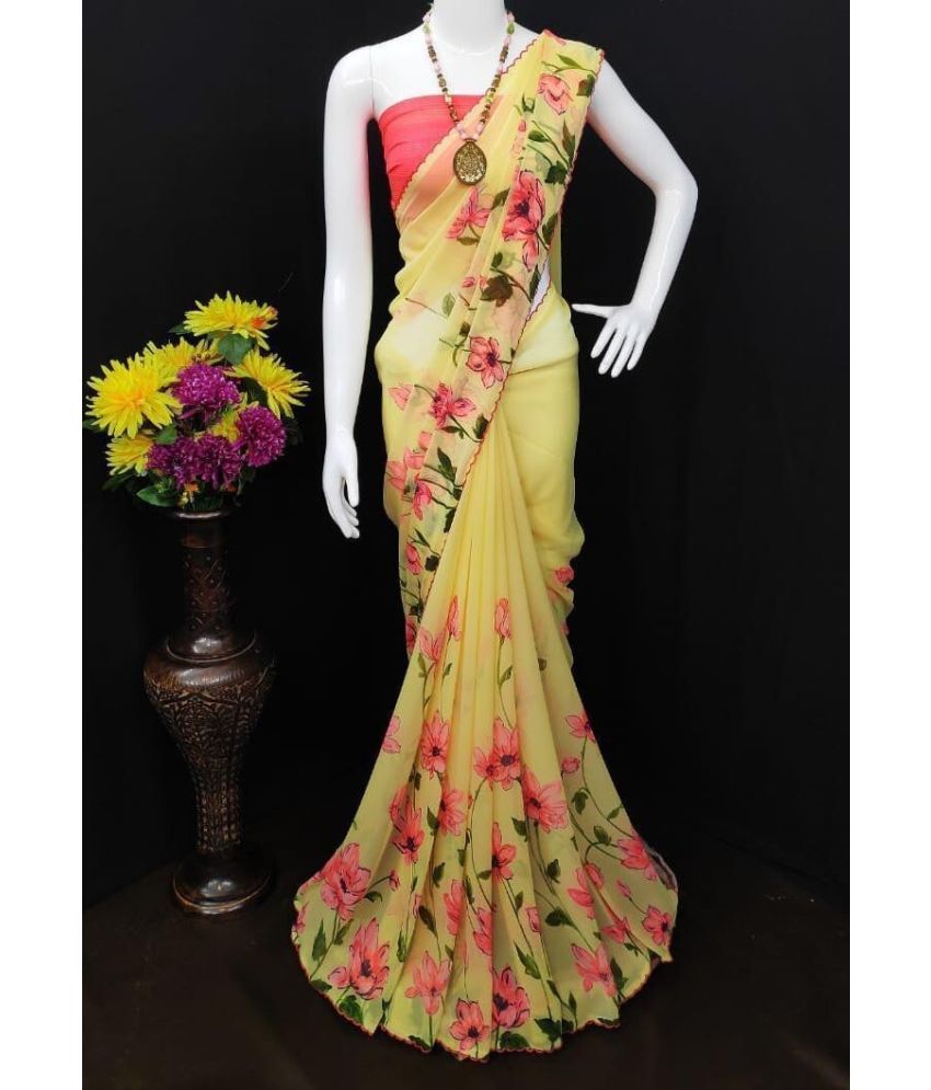     			Vkaran Net Cut Outs Saree With Blouse Piece - Yellow ( Pack of 1 )