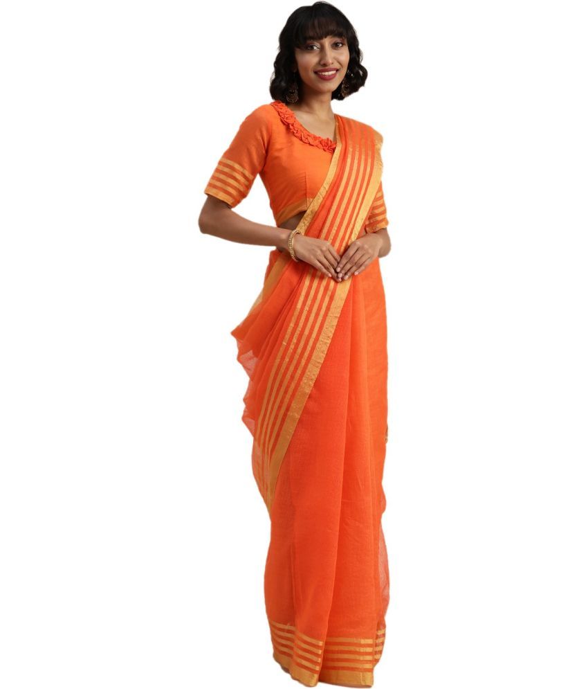     			Vkaran Net Cut Outs Saree With Blouse Piece - Orange ( Pack of 1 )