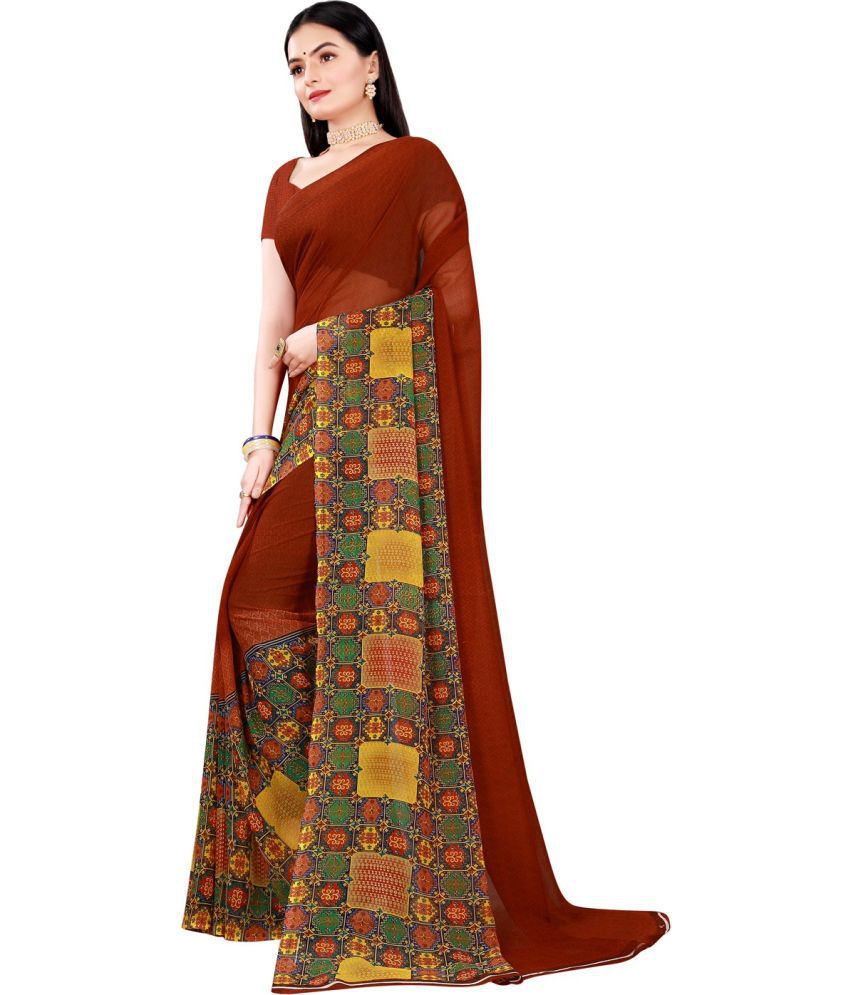     			Vkaran Net Cut Outs Saree With Blouse Piece - Brown ( Pack of 1 )