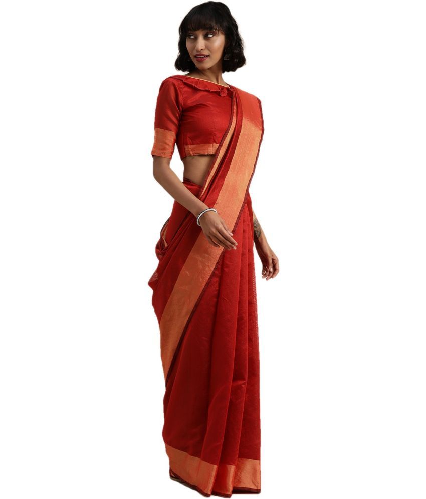     			Vkaran Net Cut Outs Saree With Blouse Piece - Red ( Pack of 1 )