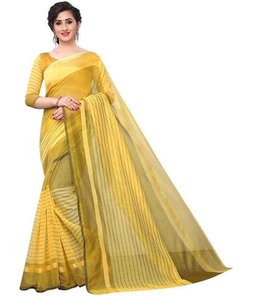     			Vkaran Net Cut Outs Saree With Blouse Piece - Yellow ( Pack of 1 )