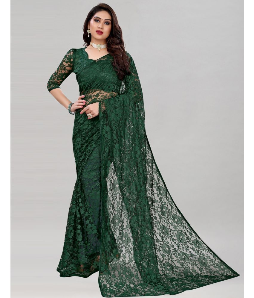     			Vkaran Net Cut Outs Saree With Blouse Piece - Green ( Pack of 1 )