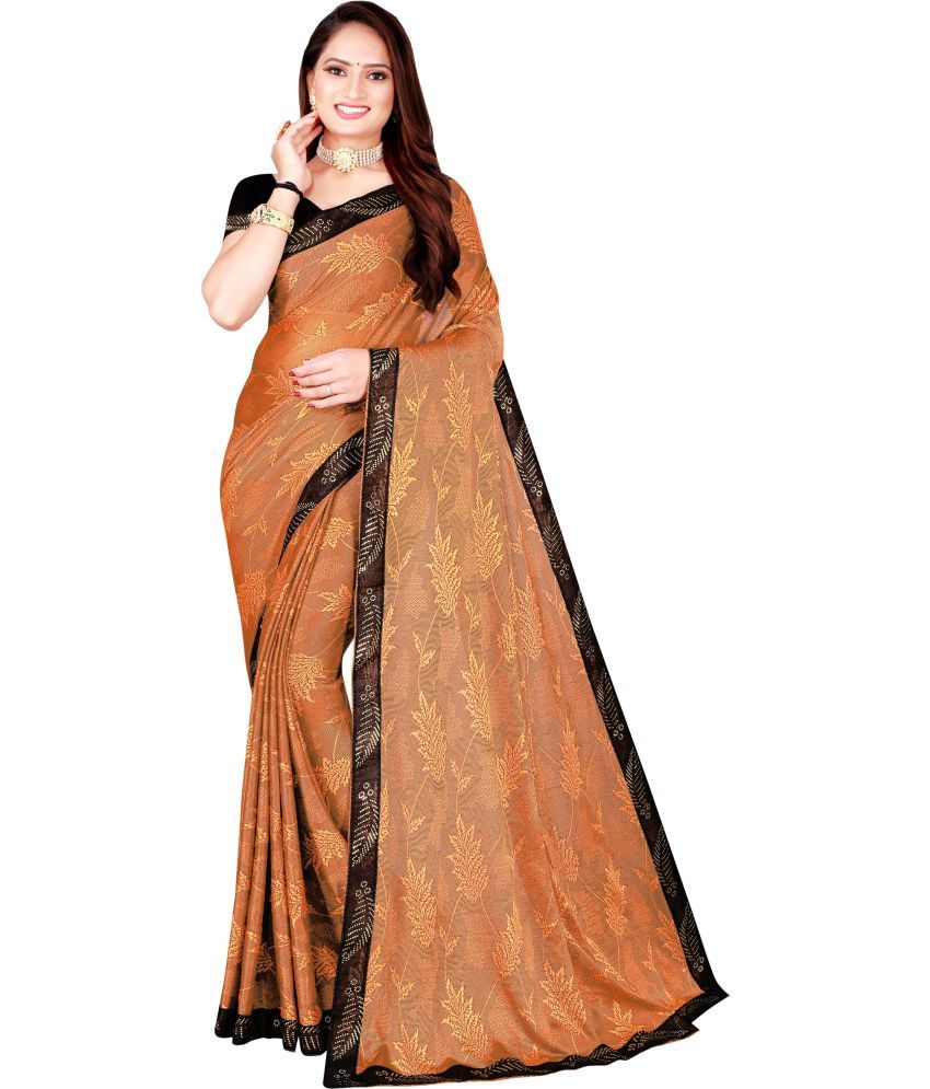     			Vkaran Net Cut Outs Saree With Blouse Piece - Orange ( Pack of 1 )