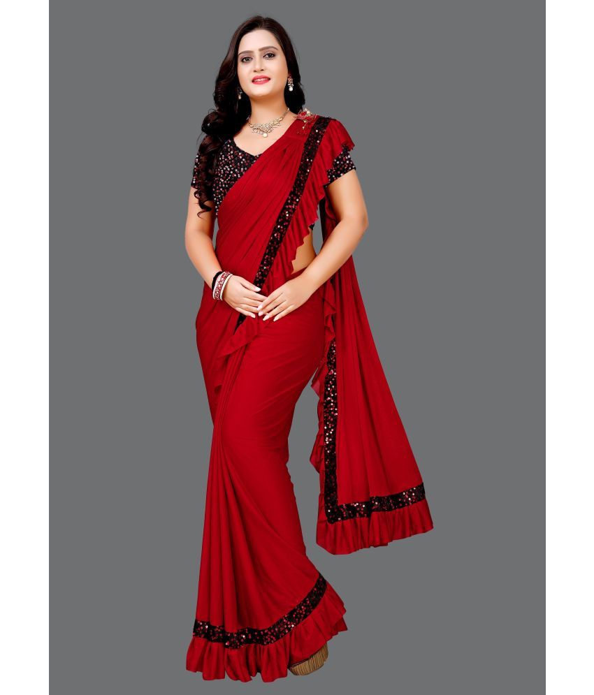     			Vkaran Net Cut Outs Saree With Blouse Piece - Red ( Pack of 1 )