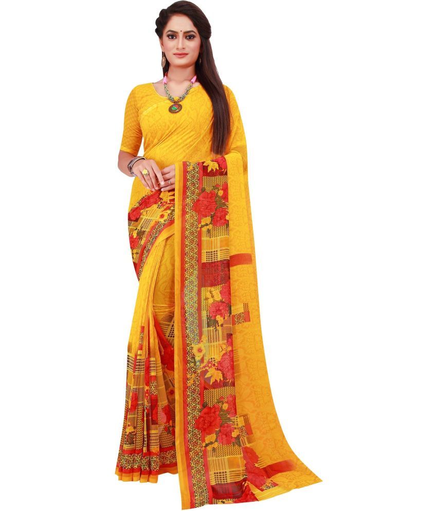     			Vkaran Net Cut Outs Saree With Blouse Piece - Yellow ( Pack of 1 )