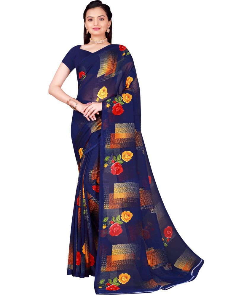     			Vkaran Net Cut Outs Saree With Blouse Piece - Navy Blue ( Pack of 1 )