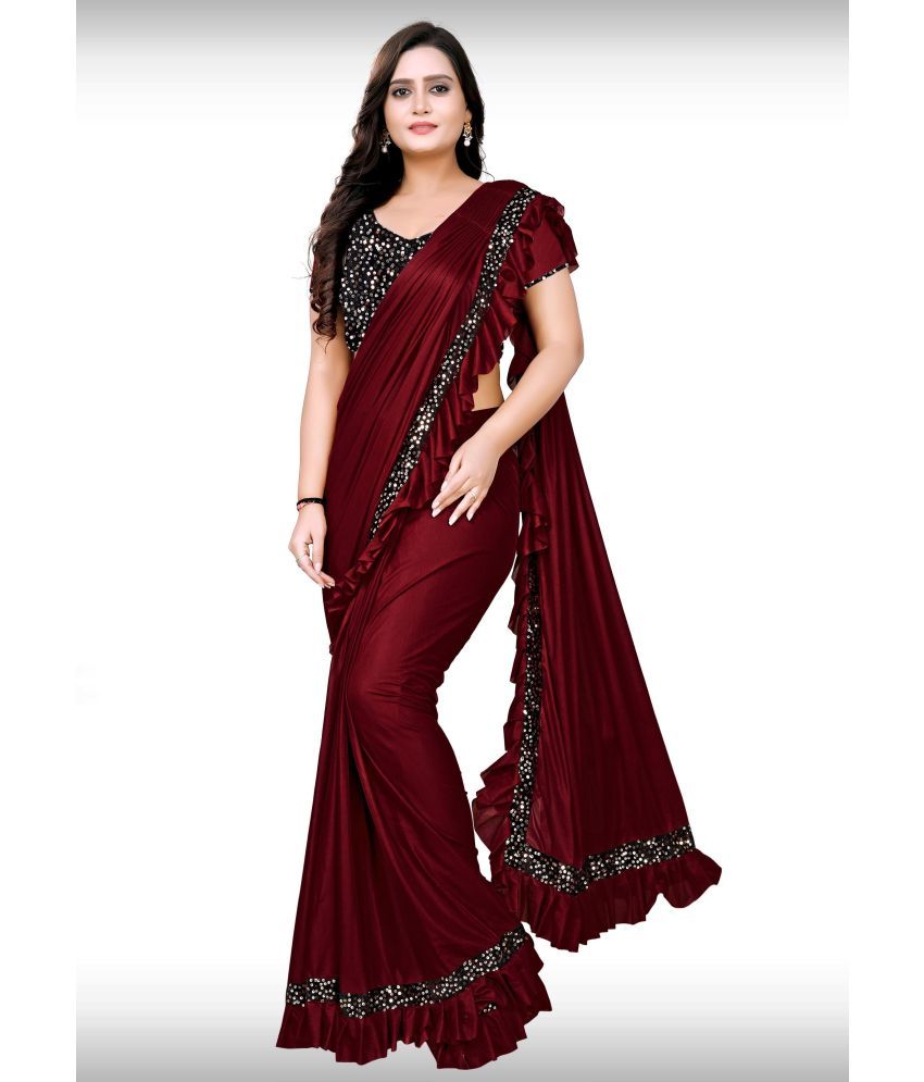     			Vkaran Net Cut Outs Saree With Blouse Piece - Maroon ( Pack of 1 )