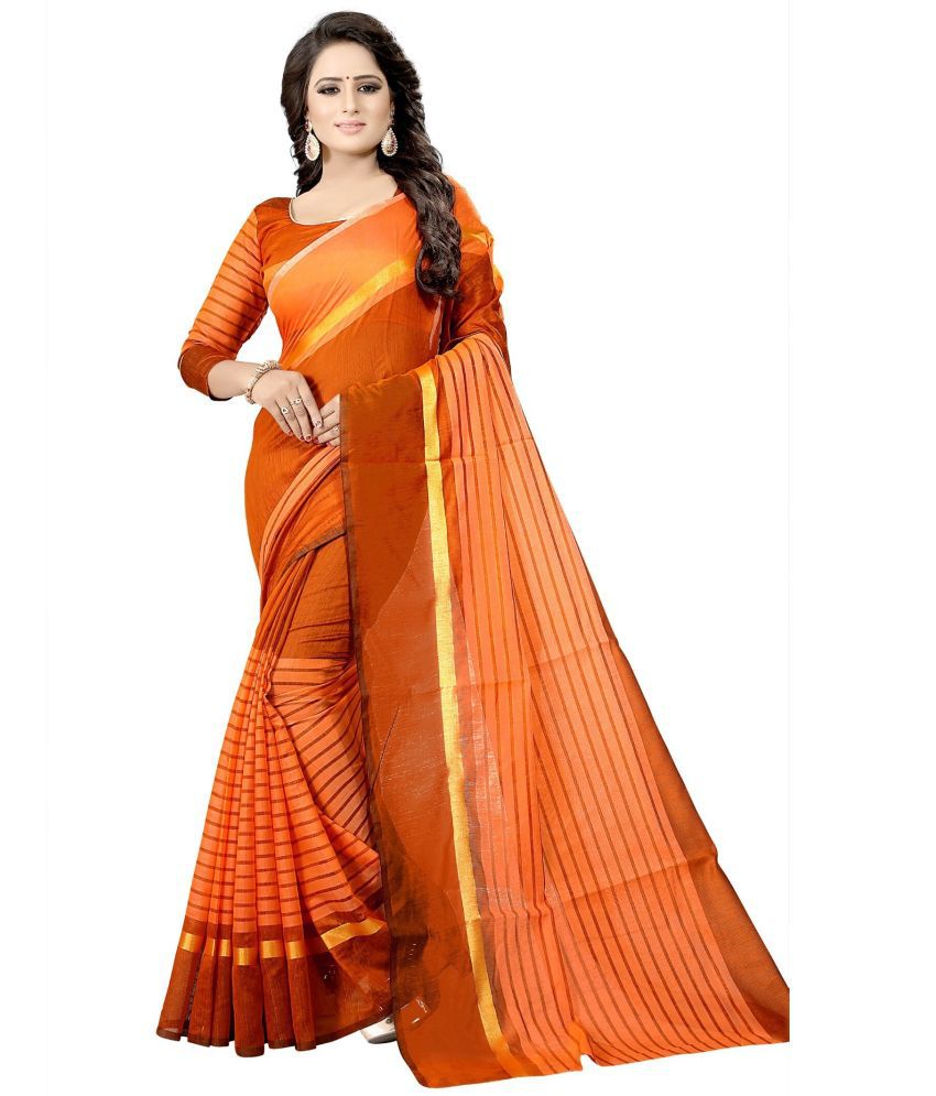     			Vkaran Net Cut Outs Saree With Blouse Piece - Orange ( Pack of 1 )