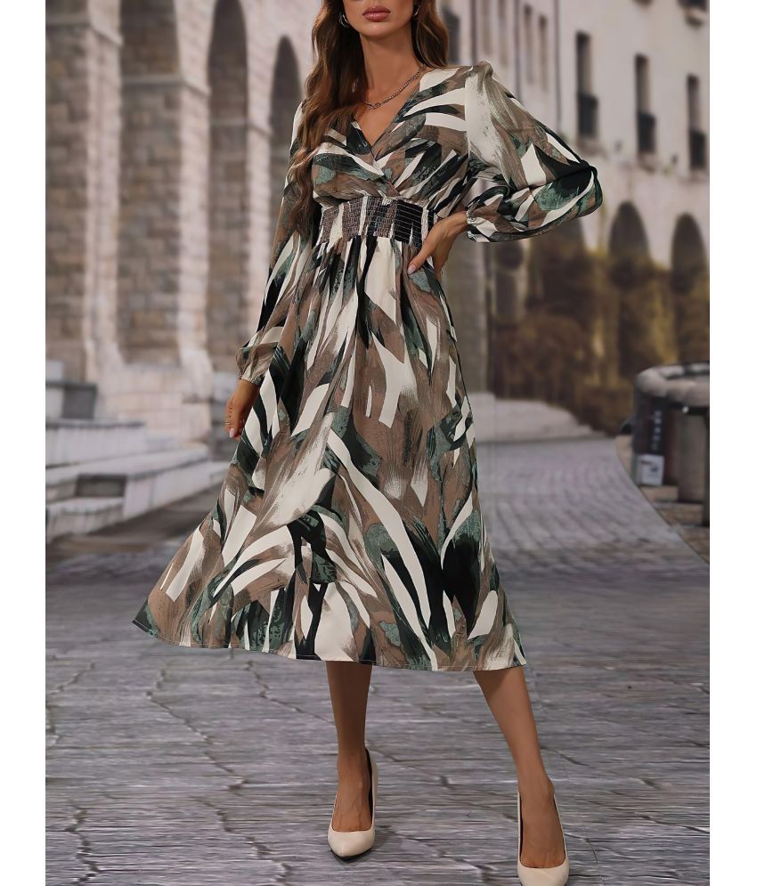     			ZWERLON Crepe Printed Midi Women's Fit & Flare Dress - olive ( Pack of 1 )