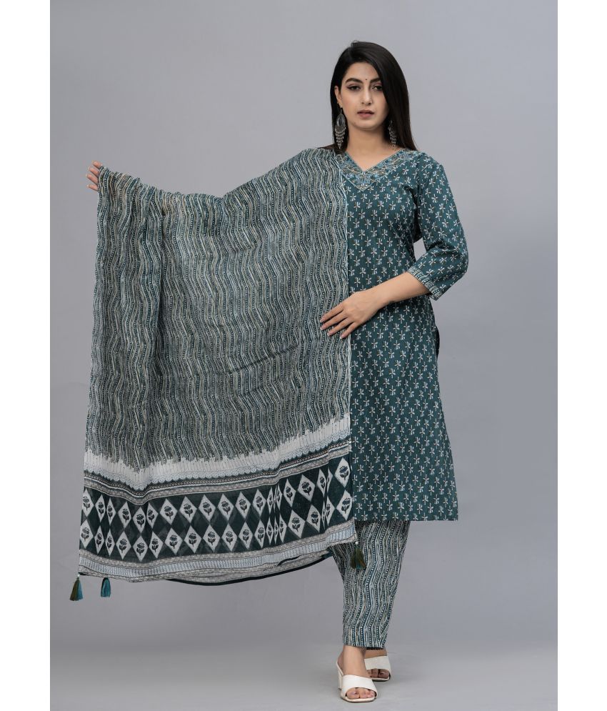     			Frionkandy Cotton Printed Kurti With Pants Women's Stitched Salwar Suit - Sea Green ( Pack of 1 )