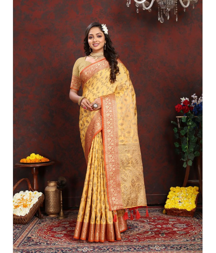     			OFLINE SELCTION Silk Blend Self Design Saree With Blouse Piece - Yellow ( Pack of 1 )