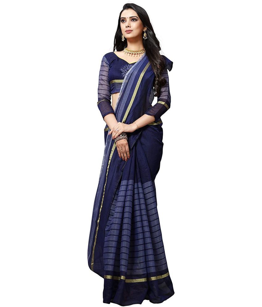     			Saadhvi Cotton Silk Applique Saree Without Blouse Piece - Navy Blue ( Pack of 1 )