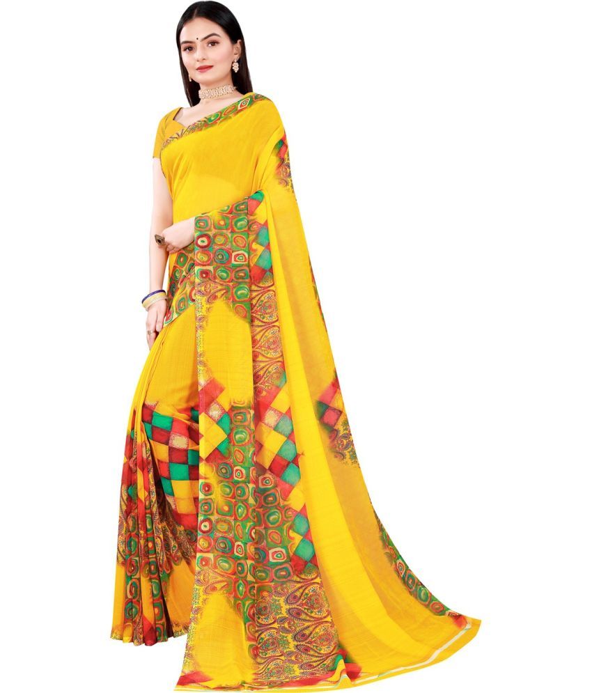     			Saadhvi Net Cut Outs Saree With Blouse Piece - Yellow ( Pack of 1 )