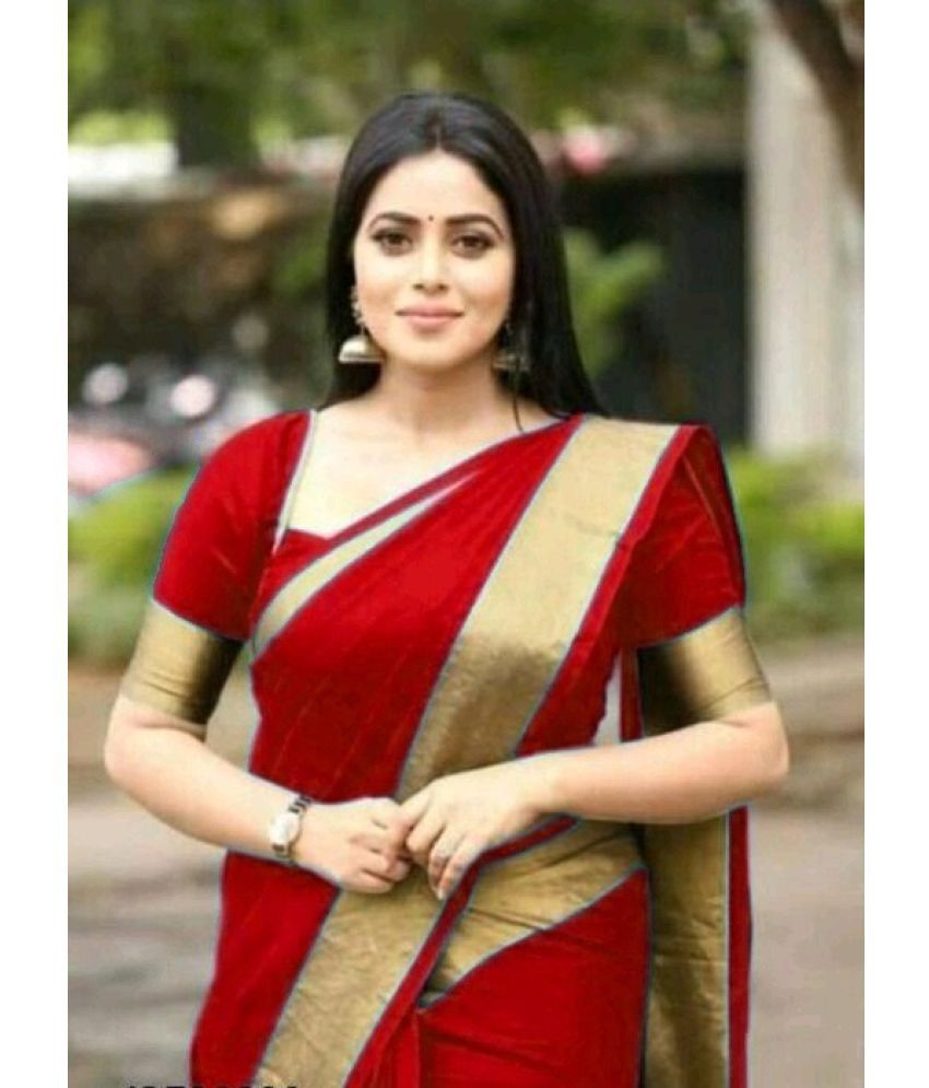     			Saadhvi Net Cut Outs Saree With Blouse Piece - Red ( Pack of 1 )