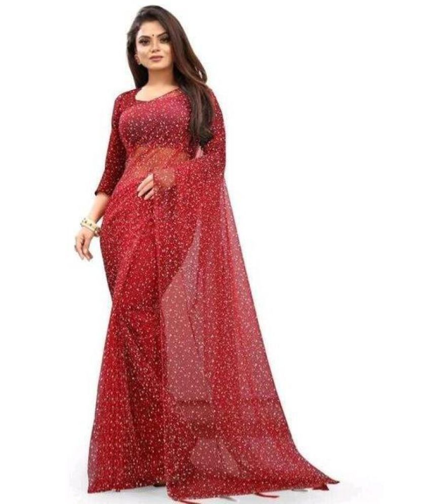     			Saadhvi Net Cut Outs Saree With Blouse Piece - Red ( Pack of 1 )