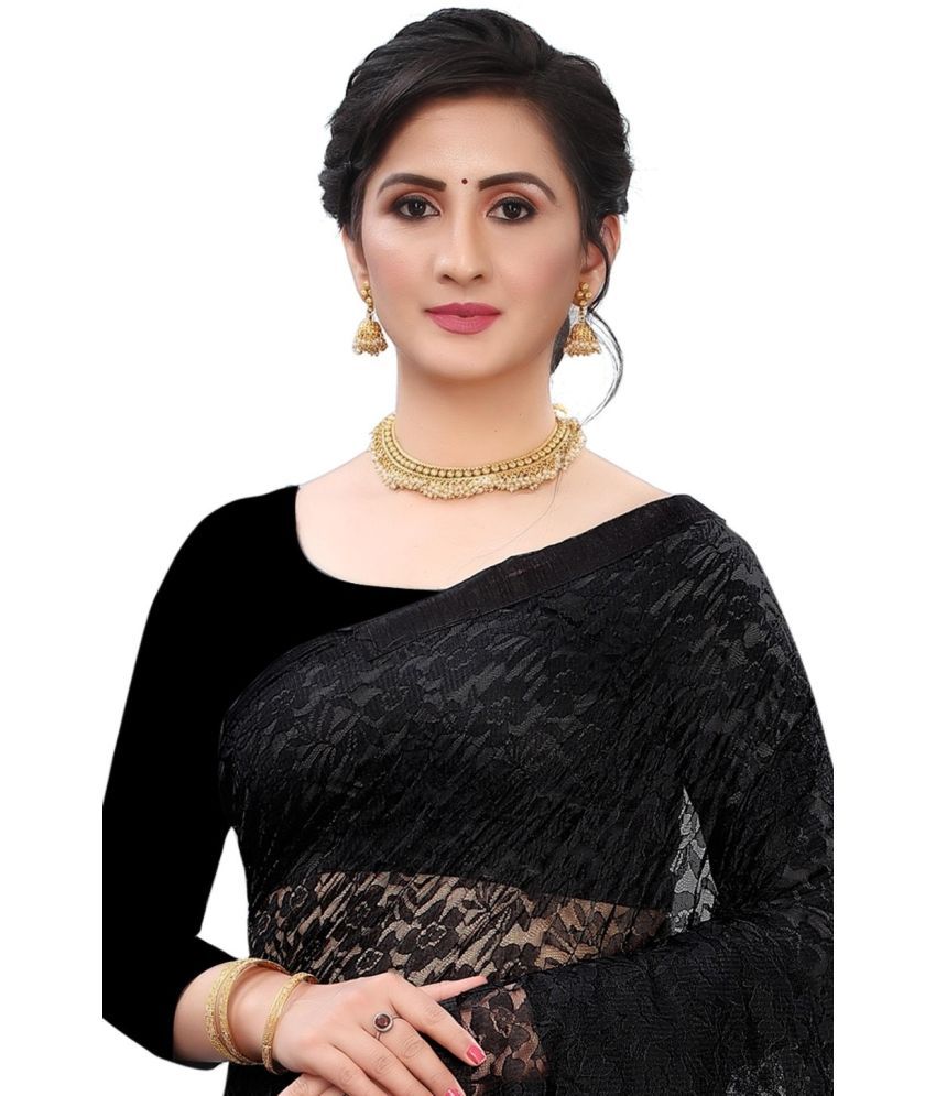     			Saadhvi Net Cut Outs Saree With Blouse Piece - Black ( Pack of 1 )