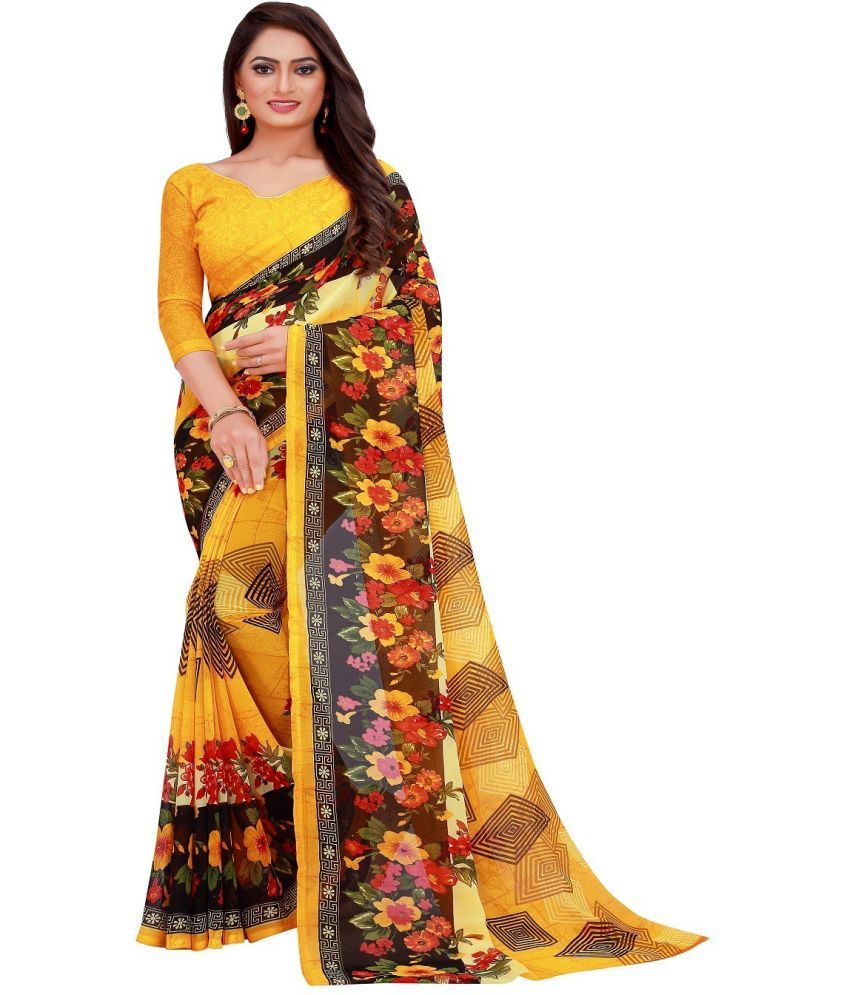     			Saadhvi Net Cut Outs Saree With Blouse Piece - Yellow ( Pack of 1 )