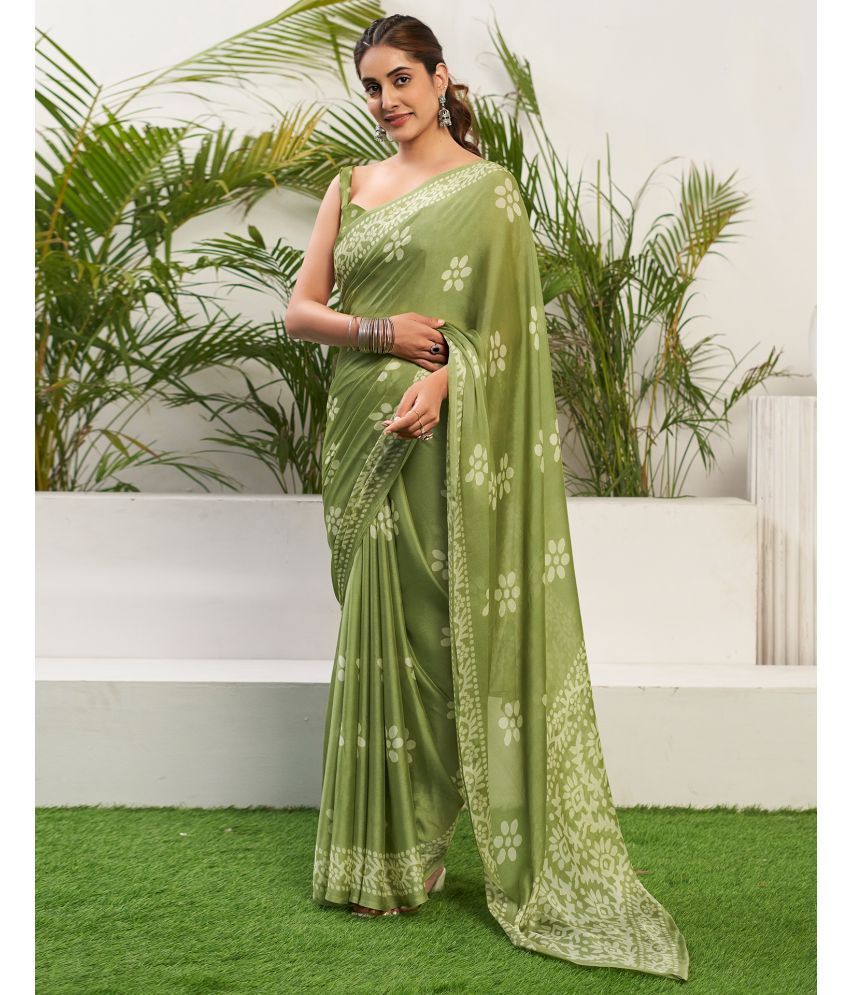     			Samah Chiffon Printed Saree With Blouse Piece - Olive ( Pack of 1 )