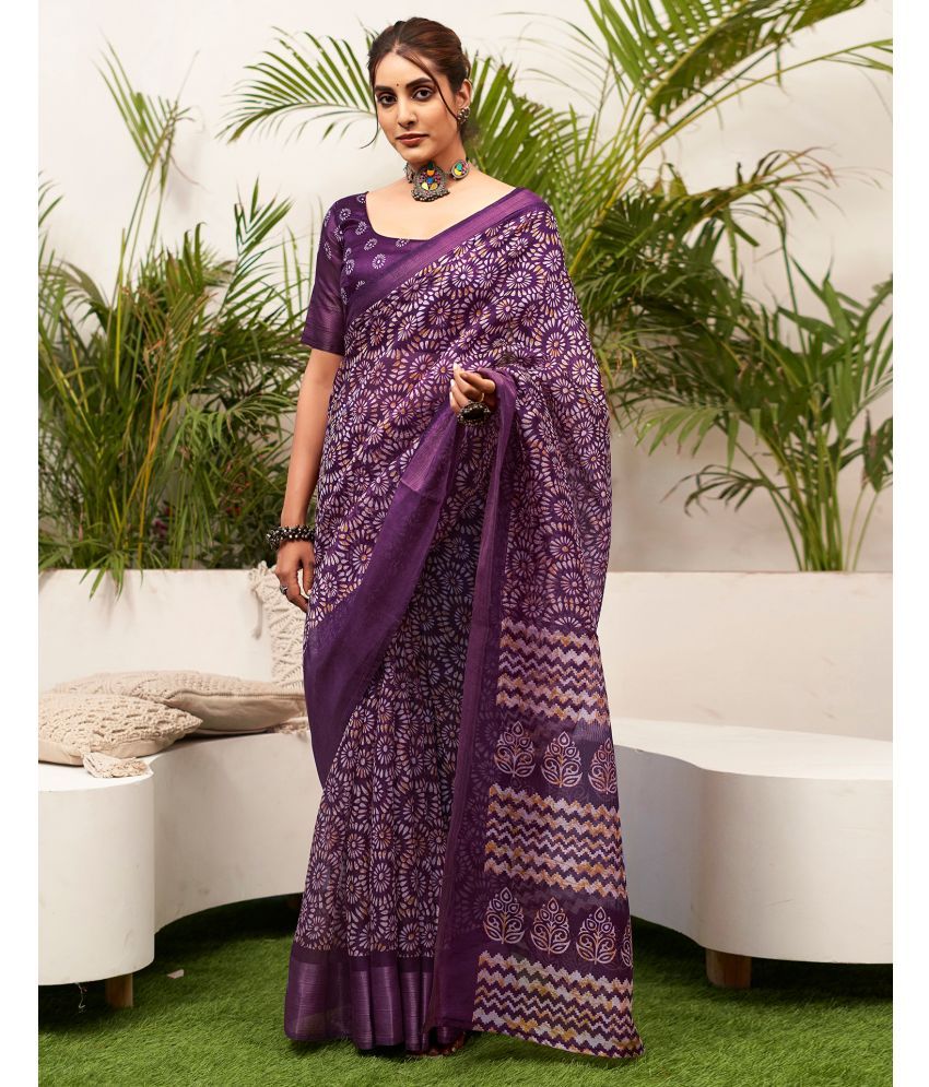     			Samah Cotton Blend Printed Saree With Blouse Piece - Purple ( Pack of 1 )