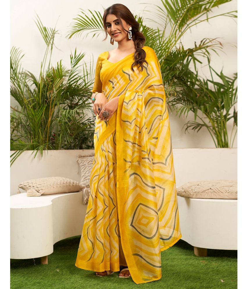     			Samah Cotton Blend Printed Saree With Blouse Piece - Yellow ( Pack of 1 )