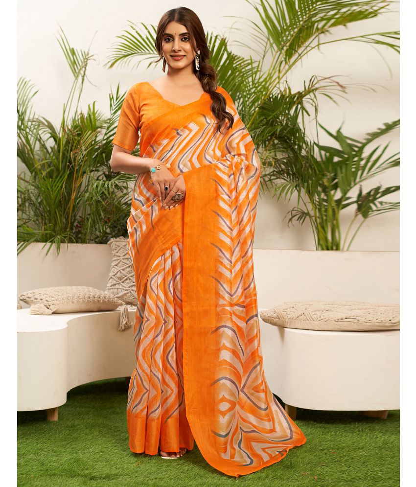     			Samah Cotton Blend Printed Saree With Blouse Piece - Orange ( Pack of 1 )