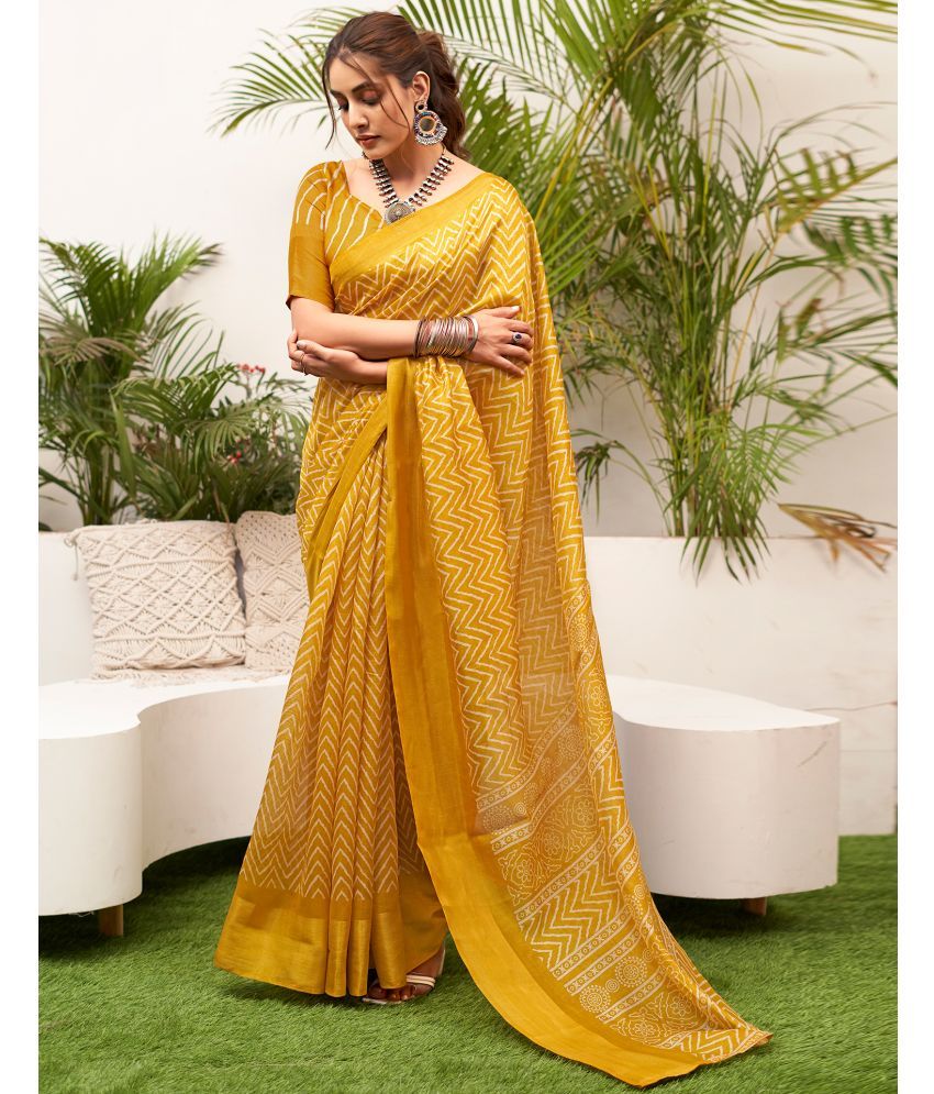     			Samah Cotton Blend Printed Saree With Blouse Piece - Yellow ( Pack of 1 )