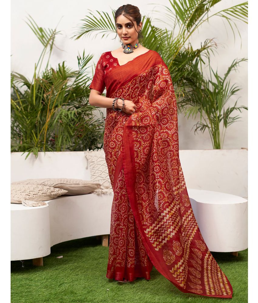     			Samah Cotton Blend Printed Saree With Blouse Piece - Red ( Pack of 1 )