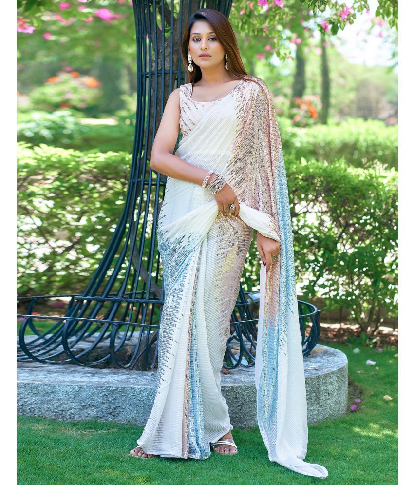     			Samah Georgette Embellished Saree With Blouse Piece - White ( Pack of 1 )