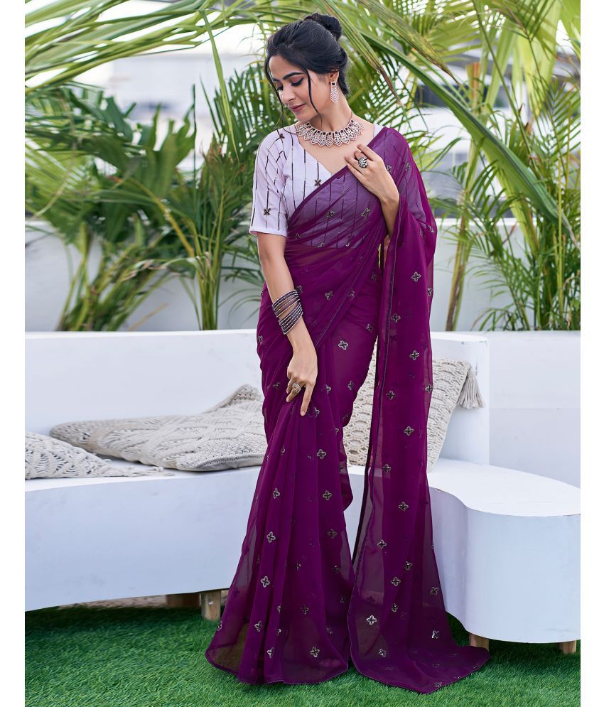     			Samah Georgette Embellished Saree With Blouse Piece - Purple ( Pack of 1 )