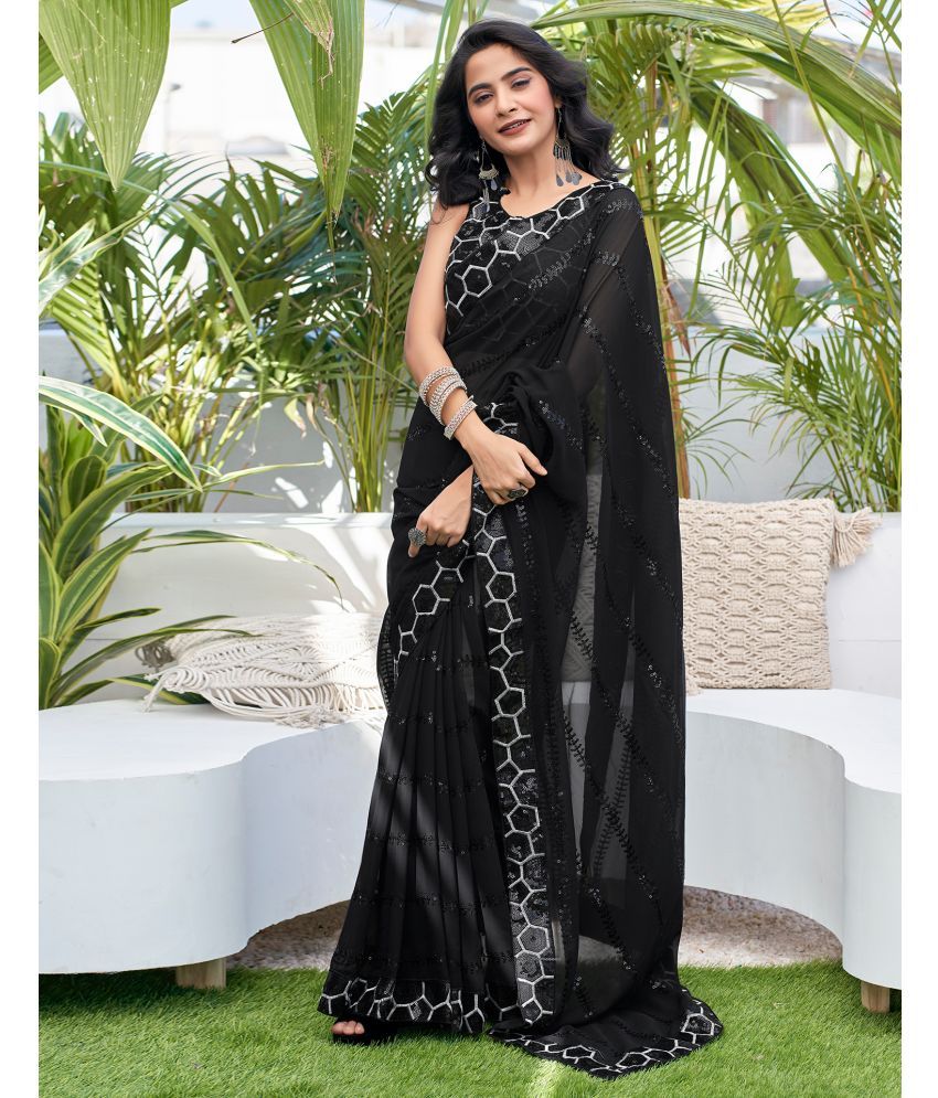     			Samah Georgette Embellished Saree With Blouse Piece - Black ( Pack of 1 )