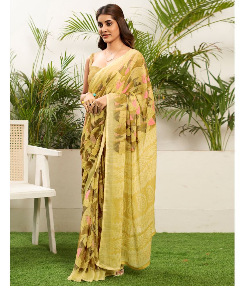     			Satrani Chiffon Printed Saree With Blouse Piece - Yellow ( Pack of 1 )